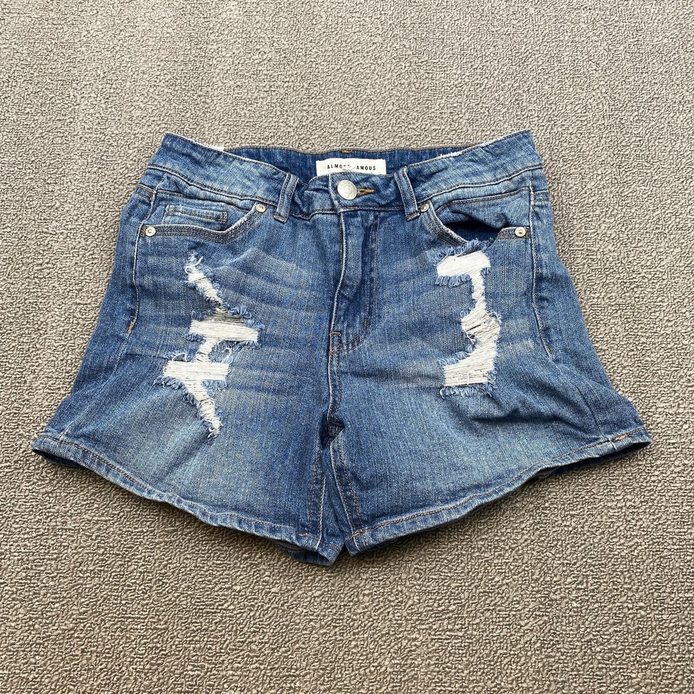 Almost Famous Mid Rise‎ Jean Shorts Size 5 Stretch Distressed Denim Cuffed